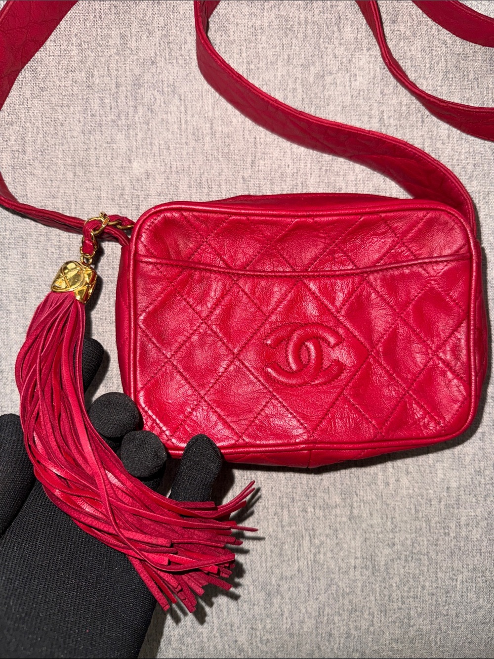 CHANEL Red Quilted Leather Crossbody Camera Bag with Tassel Charm